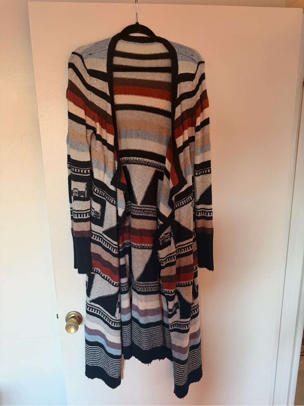 Free People Open-Front Striped & Geometric Long Cardigan in Black, Cream & Rust